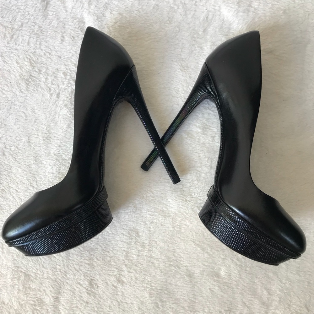 Brian Atwood Black Leather Multicolored Iridescent Platform Stiletto Pumps